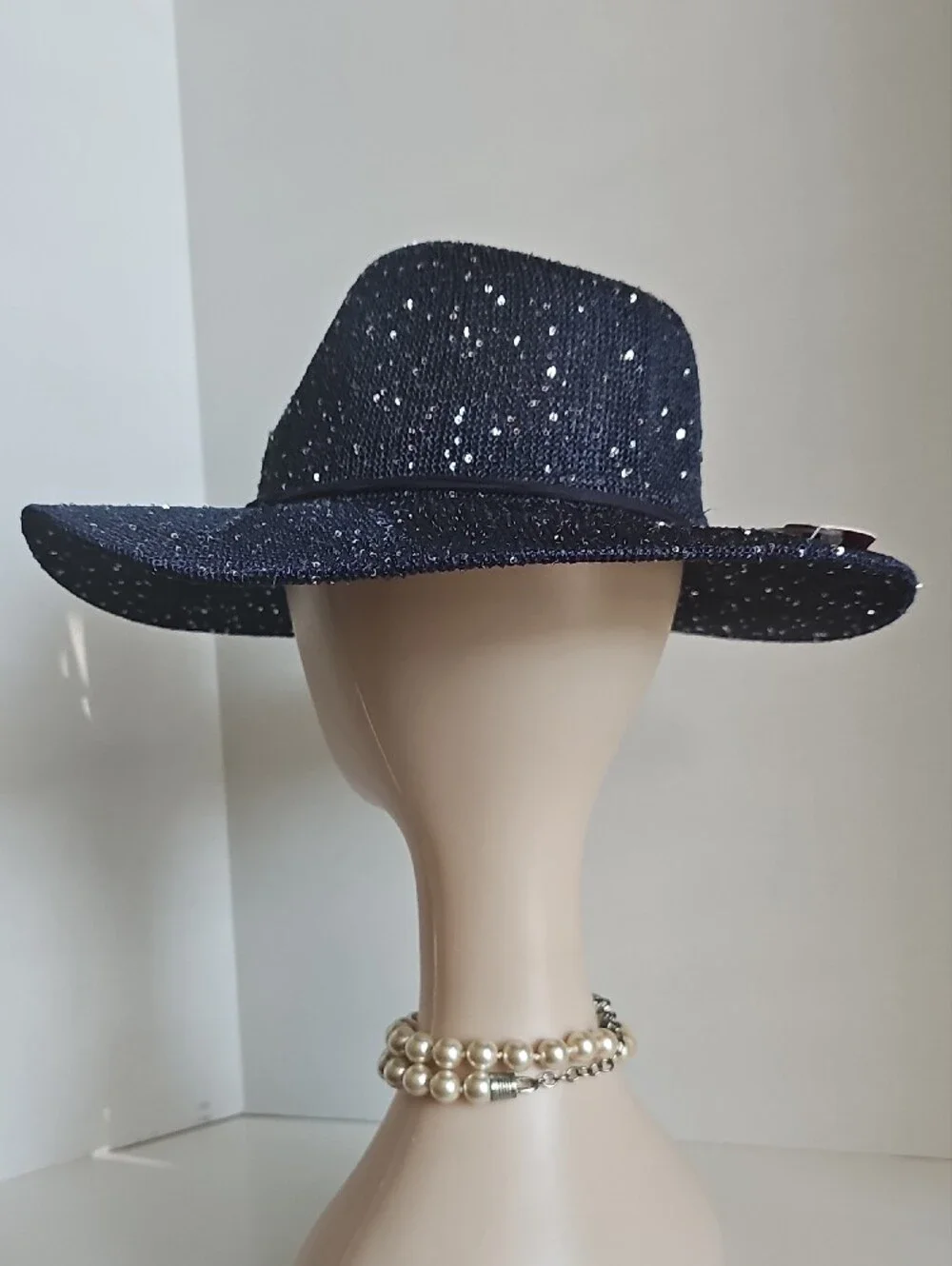 Beloved Millinery Sparkling Wide-Brim Panama Style Fedora Hat - Navy Blue